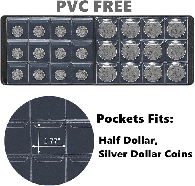 MUDOR 120 Pockets Coin Collection Book, PVC FREE Silver Dollar Coin Holder | - Image 3