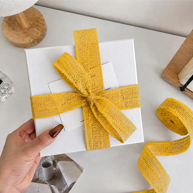 Gold Yellow Burlap Ribbon 1-1/2 in X 10 Yard Yellow Wired Ribbon | Natural - Image 2