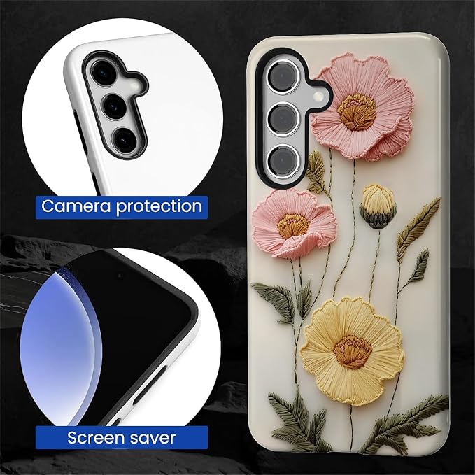Case for Samsung Galaxy S24 Plus Case, Faux Embroidery Boho Floral Design - Image 2