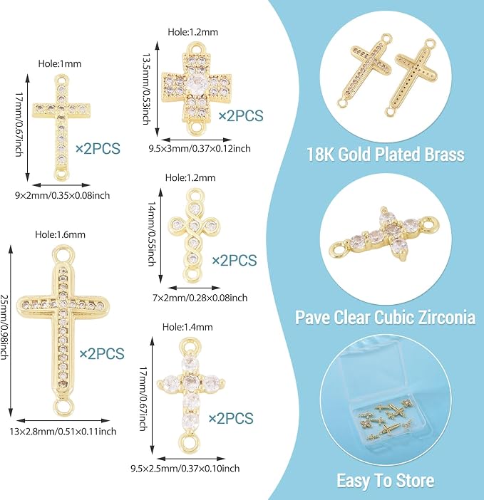 Cheriswelry 10pc Cubic Zirconia Cross Charms 18K Gold Plated Link Pendants | - Image 4