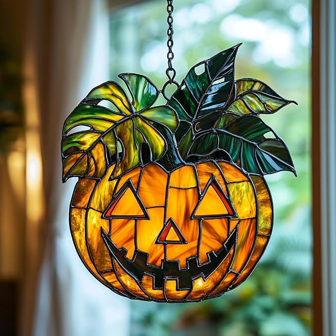 Monstera Jack-o'-Lantern Acrylic Suncatcher Stained Glass Effect Window Car by AVAGAN