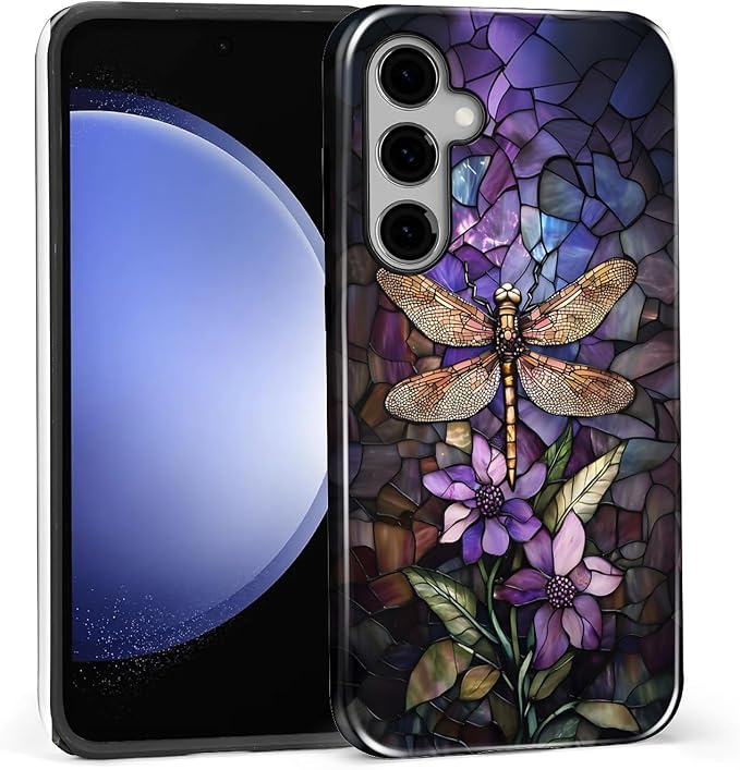 for Samsung Galaxy S25 FE Case, Stained Glass Dragonfly Pattern Glossy 2 in 1 - Image 3