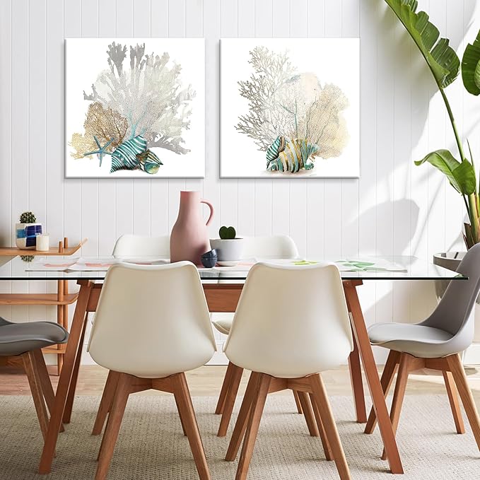 JAPO ART White Coral Wall Art Beach Bathroom Decor Sea Shell Pictures Coastal - Image 4