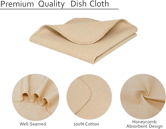 PurpleEssences Dish Cloths and Dish Rags - 6 Pack Waffle Weave Solid Kitchen Dish Wash Cloths, 100% Cotton, 12 x 12 Inches, Ultra Soft Absorbent Quick Drying Fall Thanksgiving - Beige