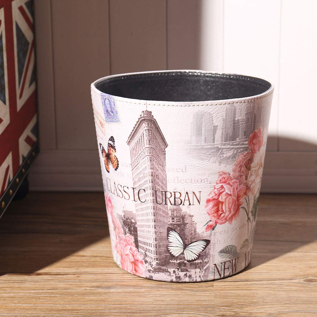 PU Leather Small Trash Can Wastebasket, Round Garbage Container Basket for Bathrooms, Laundry Room, Kitchens, Offices, Kids Rooms, Bedrooms,Dorms,Home Decorative Art Bin, 2.9 Gallon(Classic Urban)
