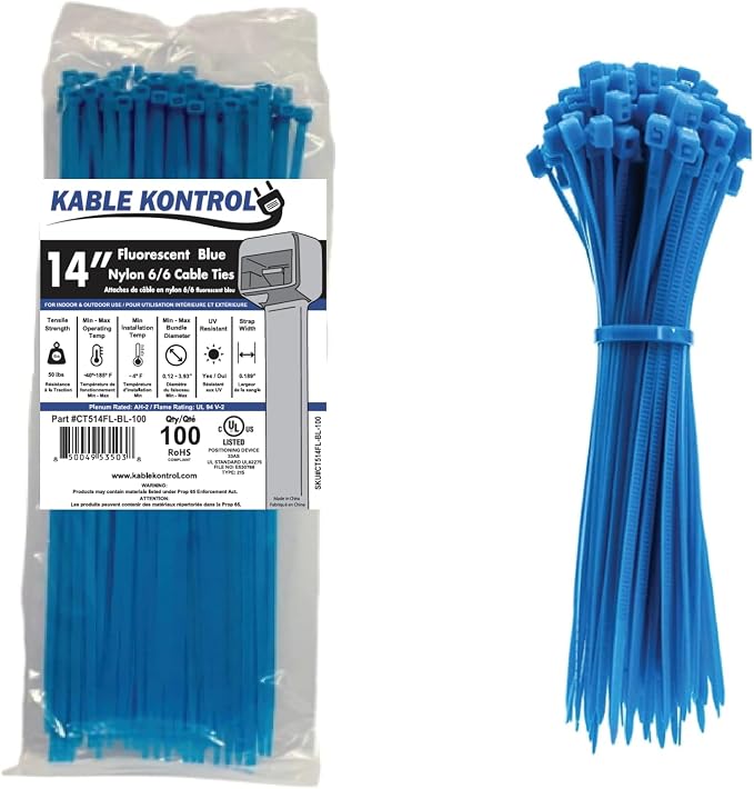 Kable Kontrol Fluorescent Blue Zip Ties 14 Inch 100 Pcs, 50 Lbs Tensile Strength by KABLEKONTROL%C2%AE