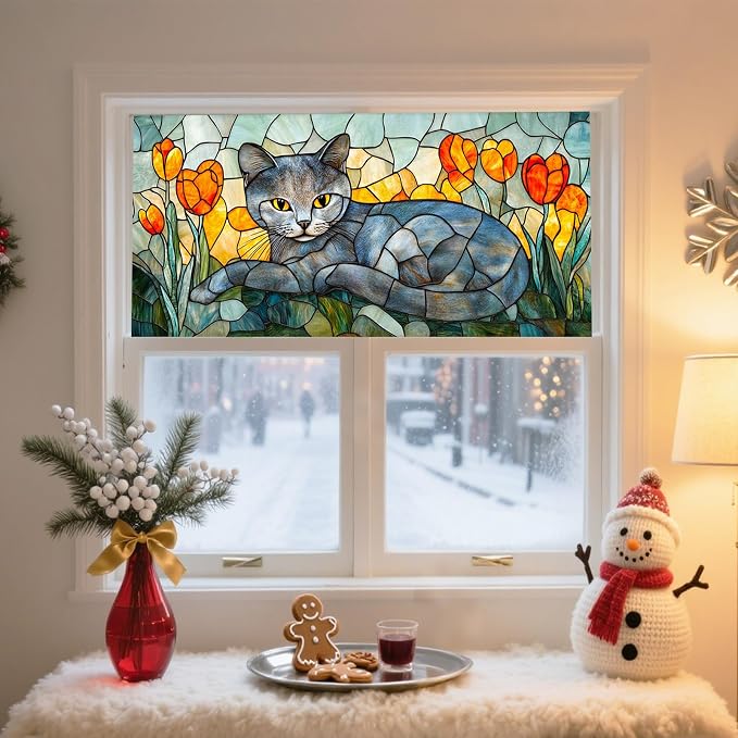 IVN Stained Glass Window Film 39.3x17.7 inch Cat and Tulips Window Privacy Film - Image 2