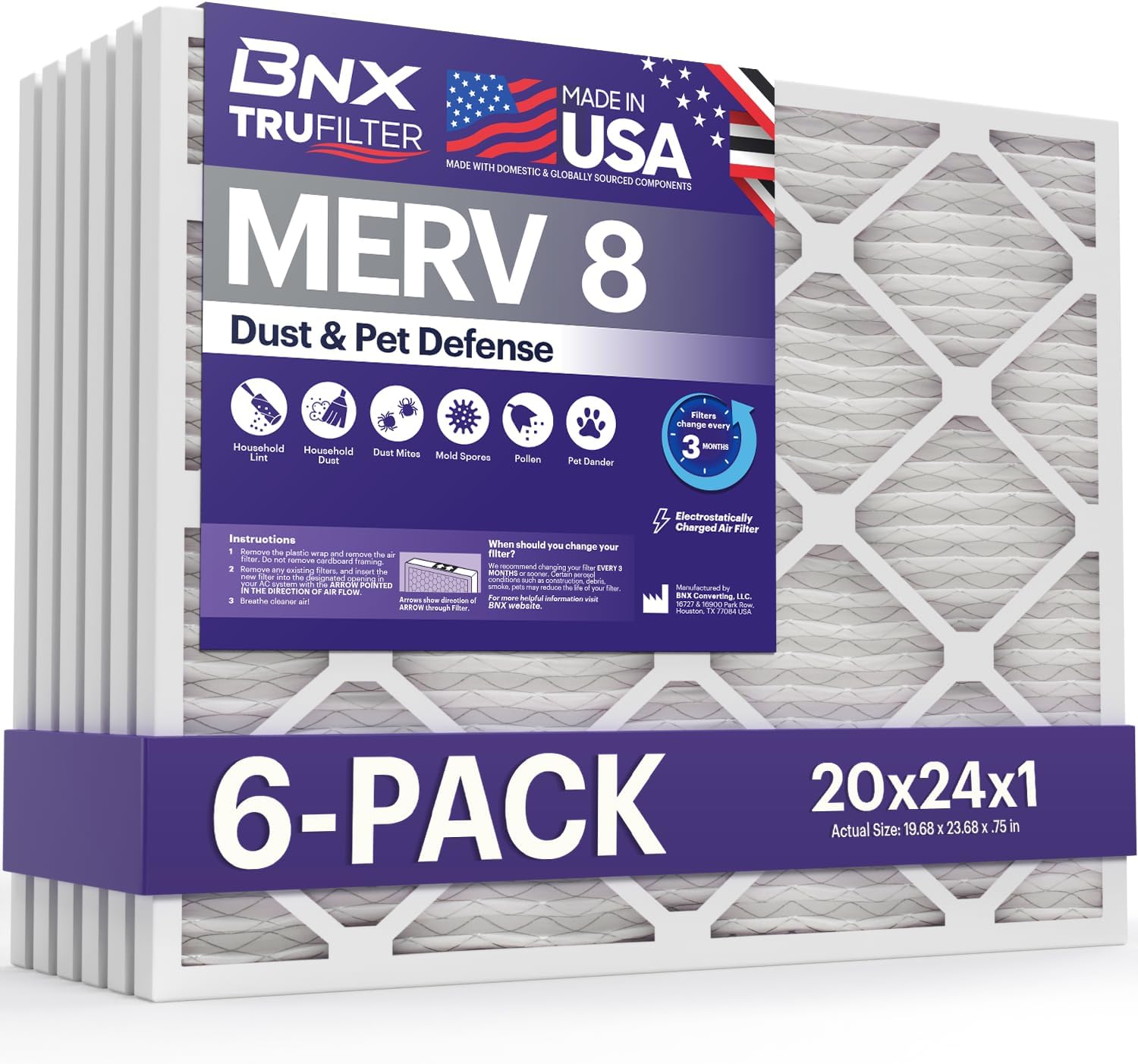 BNX TruFilter 20x24x1 Air Filter MERV 8 (6-Pack) - MADE IN USA – Dust & Pet Defense Electrostatic Pleated Air Conditioner HVAC AC Furnace Filters for Dust, Pet, Mold, Pollen MPR 600 – 700 & FPR 5