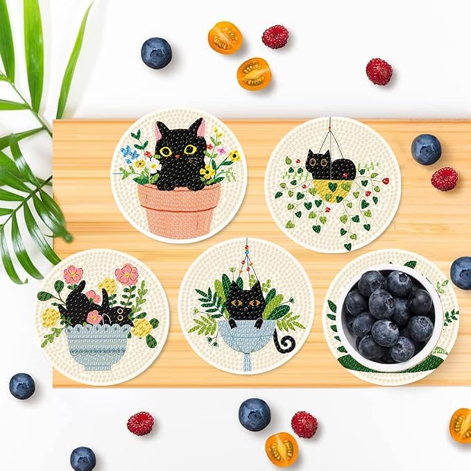 Clendo 8 Pcs Black Cat Diamond Art Coasters Kit - Image 4