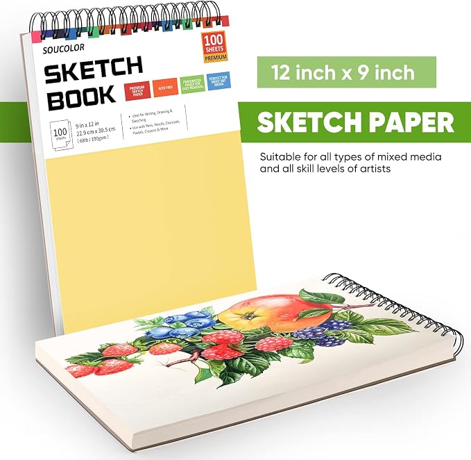 Soucolor 9x12 Spiral Sketch Book, 100 Sheets, Acid-Free Drawing Pad - Image 6
