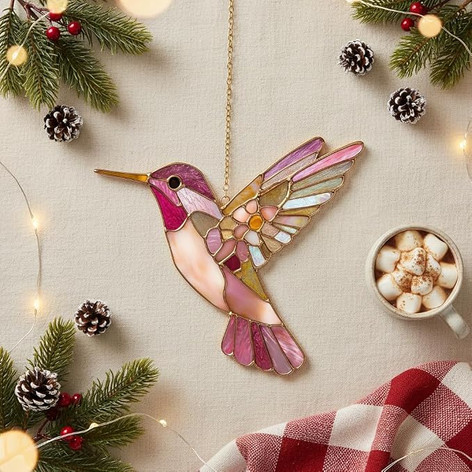 Pink Floral Hummingbird Acrylic Suncatcher - Image 2