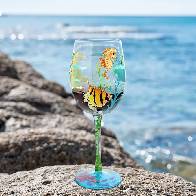 NymphFable 100% Hand-Painted Wine Glass Ocean Turtles Seagrasses Glass Artisan - Image 4