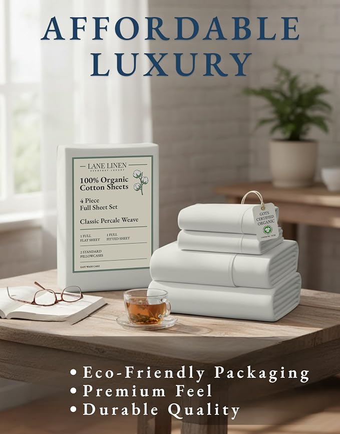 LANE LINEN 100% Organic Cotton Full Sheets Set 4-Piece Pure Percale Long Staple - Image 8
