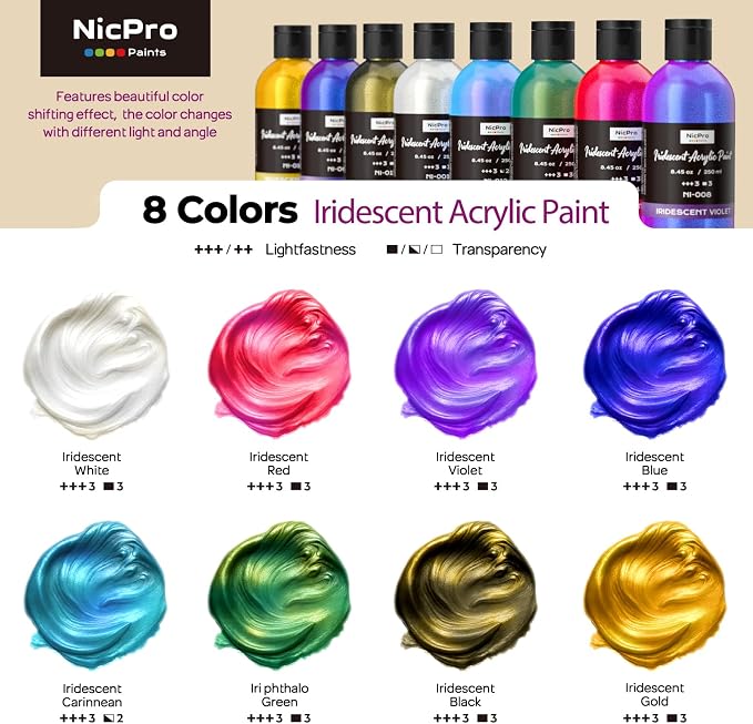 Nicpro 8 Colors Iridescent Acrylic Paint, 8.45oz / 250ml Large Bulk Metallic - Image 2