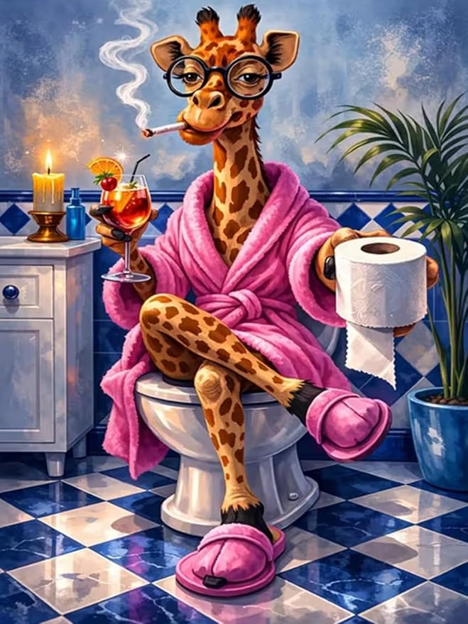 CHWGLFGG 5D Full Round Drill Funny Bathroom Giraffe Diamond Painting Kit by CHWGLFGG