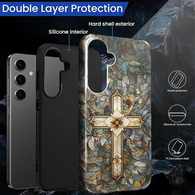 for Samsung Galaxy S25 Case, Christian Cross Stained Glass Pattern Glossy 2 in - Image 3