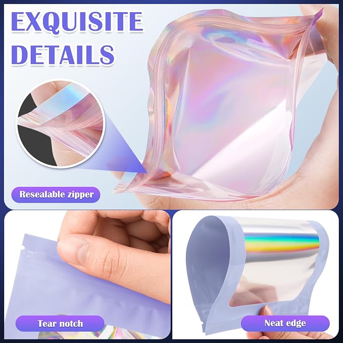 JETMORE 300 Pcs Mylar Bags, Smell Proof Bags Foil Pouch, Holographic Resealable - Image 5