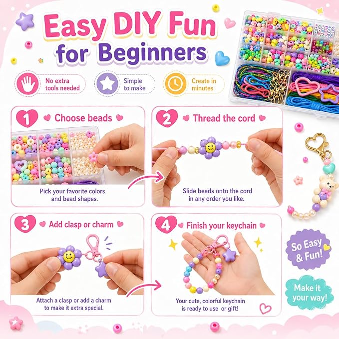 828Pcs DIY Beaded Keychain Making Kit, Bag Charm Making Kit | A-Z Alphabet Beads - Image 5