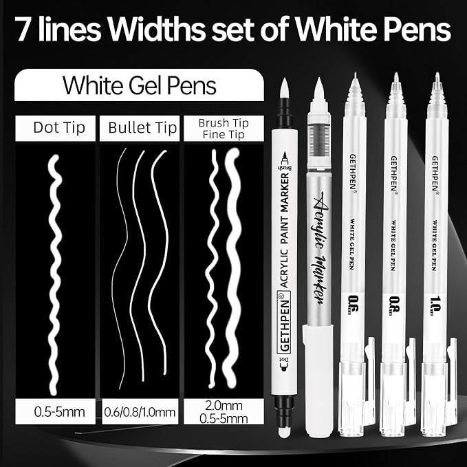 GETHPEN White Ink Pens, Fine Point Gel Pens, Brush Tip Acrylic Markers - Image 3