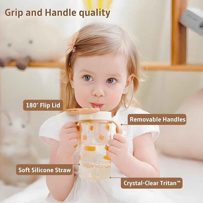 Evorie Tritan Spill Proof Toddler Straw Sippy Cup, 10 oz for Baby and Toddlers 1-3 Years Old, No Spill Straw Water Bottle with Removable Handles, Ideal for School, BPA-Free (Imaginations)