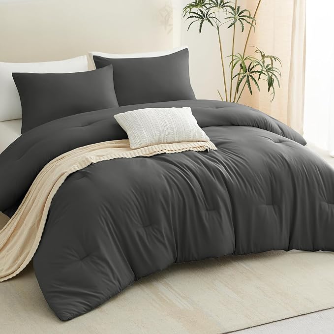 CozyLux Oversized Queen Comforter Set Dark Grey, 3 Pieces 98x98 Solid - Image 8