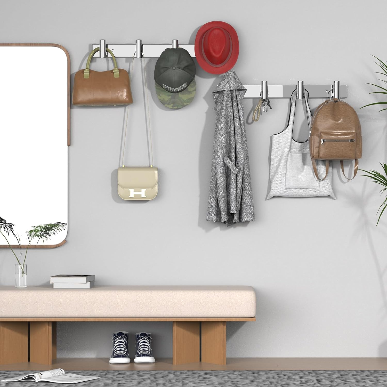 VAEHOLD Hat and Coat Wall Mount Rack - Hooks for Robes, Bags, Keys, and Towels - Bathroom Towel Hanger Organizer (Polished Chrome, “T“ Shape 4 Hooks 2 Pack)