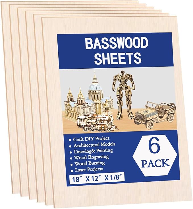 6 Pack Basswood Sheets for Crafts 12x18x1/8 Inch, 3mm Thick Unfinished Balsa by KMRIPYUSPORTS
