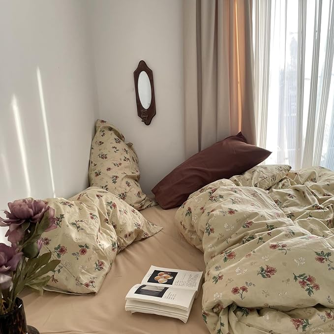 MKXI Yellowish Beige & Red Floral Duvet Cover Set King Size - Image 7