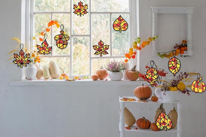 Renbuzhu 40PCS Fall Crafts Bulk: Leaves Pumpkins Paper Suncatchers DIY Kit - Image 6