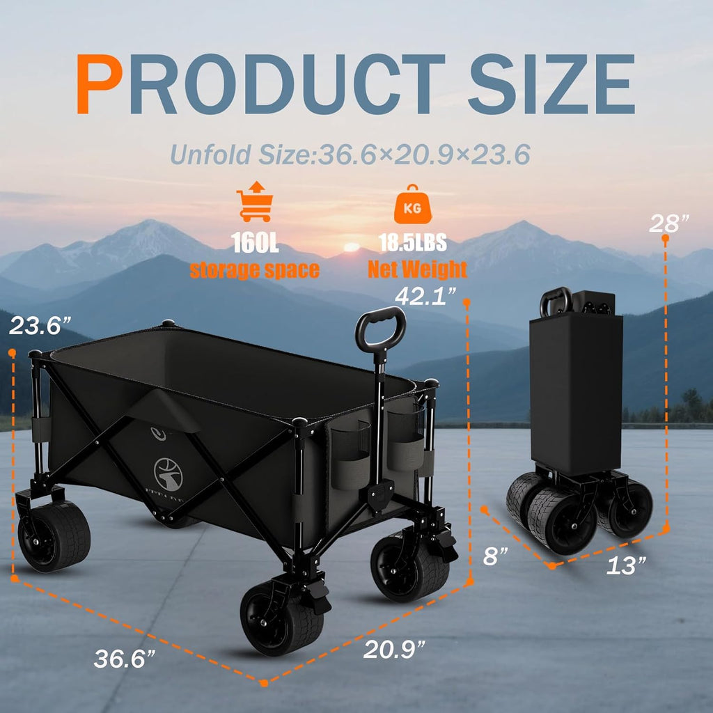 Collapsible Wagon Cart with Silent All-Terrain Wheels, Foldable Heavy Duty Beach Wagon with 330LB,Folding Cart with Cup Holders and Brakes for Camping, Garden,Shopping,Sports Black