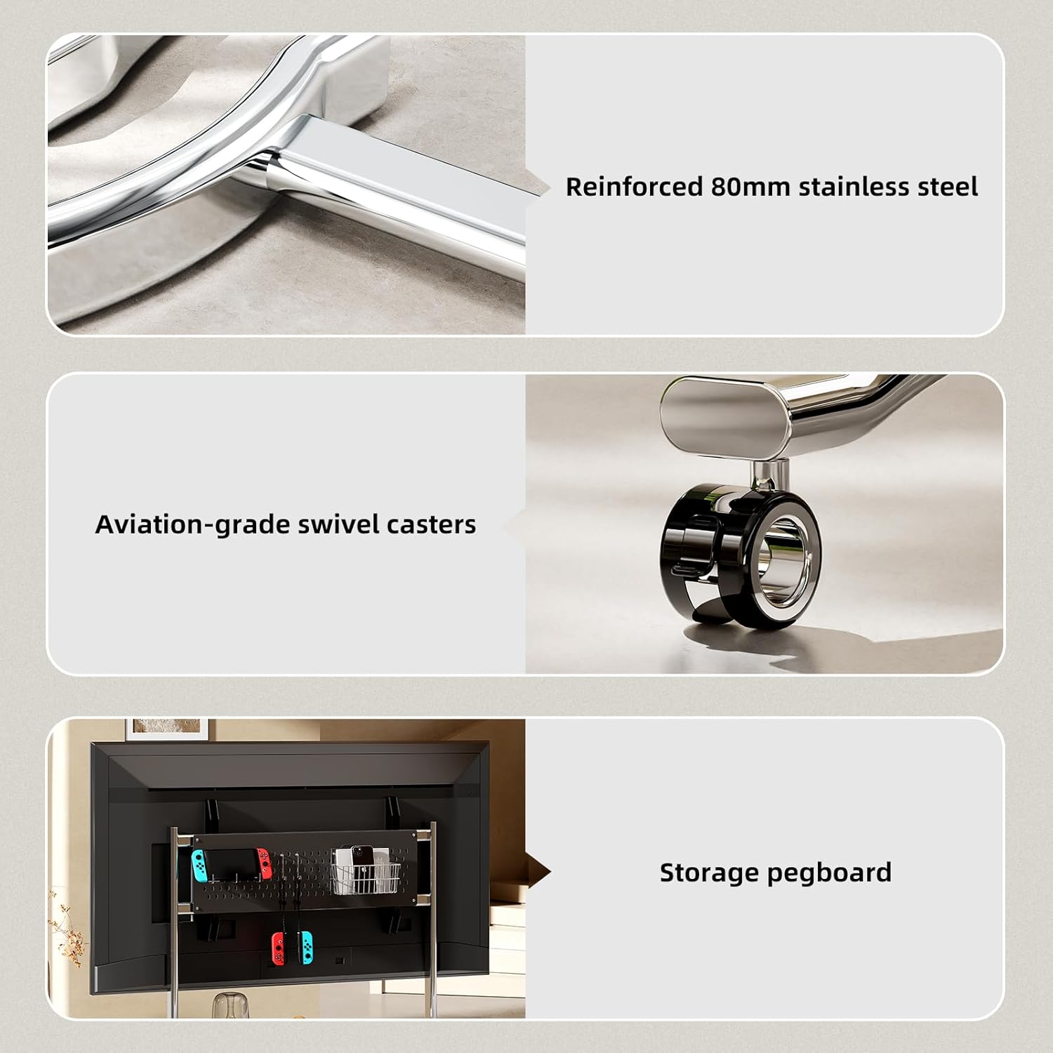 Stainless Steel Art Rolling TV Cart, Mobile TV Stand for 65-110inch TVs, Heavy Duty TV Stand with Wood Shelf&Large Storage Pegboard 220 lb. Load Capacity, Max VESA 1200x600mm (Style 1)