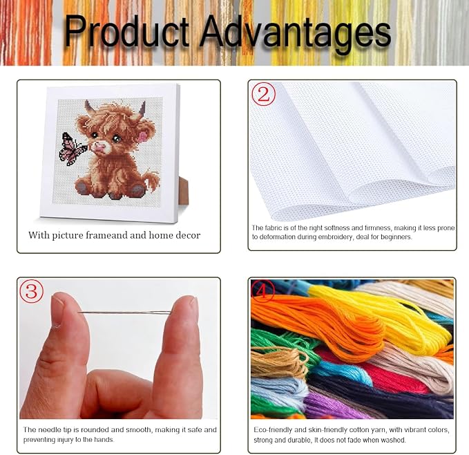 Cross Stitch Kits For Adults Beginners, Highland Cattle Stamped Cross Stitch - Image 4