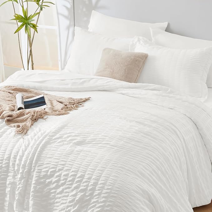 CozyLux Oversized Queen Comforter Set White Seersucker 7 Pieces 98x98 Bed in a - Image 8