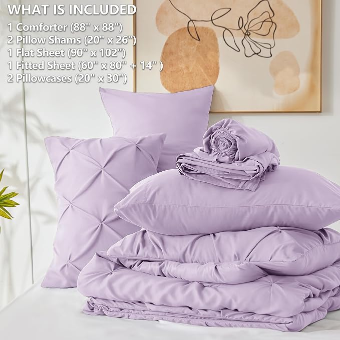 CozyLux Queen Comforter Set Lavender, 7 Pieces Pintuck Bed in A Bag, Premium - Image 6
