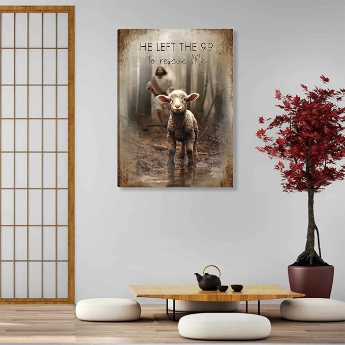 Framed Jesus Saves the Lost Lambs Canvas Wall Art Jesus Leaves 99 Sheep Picture - Image 7