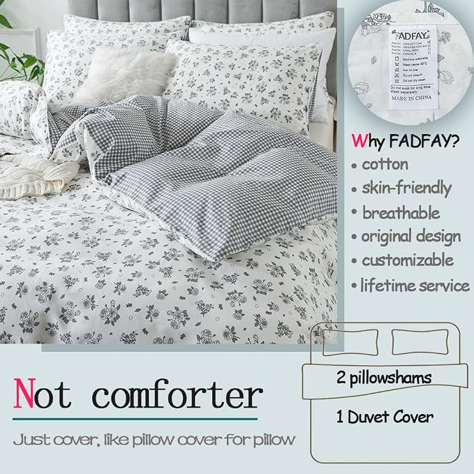 FADFAY Floral Duvet Cover Set Queen Size 100% Cotton Grey White Flower - Image 2