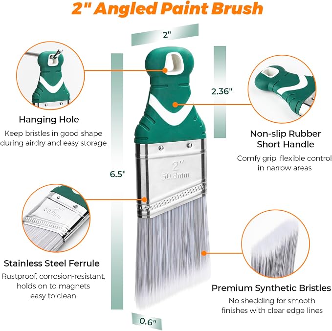 9 Pack 2" Angled Paint Brush Set, Synthetic Bristles, Rubber Short Handle | - Image 2