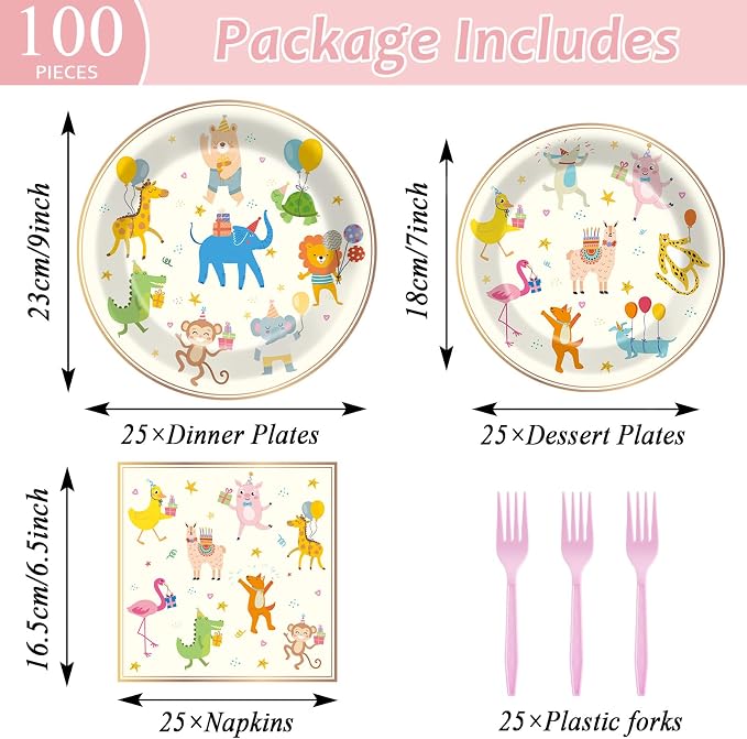 Qyeahkj 100PCS Party Animal Plates and Napkins Party Supplies Happy Birthday - Image 2