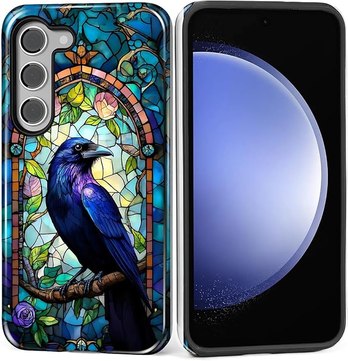for Samsung Galaxy S23 Plus Case, Crow Faux Stained Glass Pattern Glossy 2 in 1 by Teonvpu