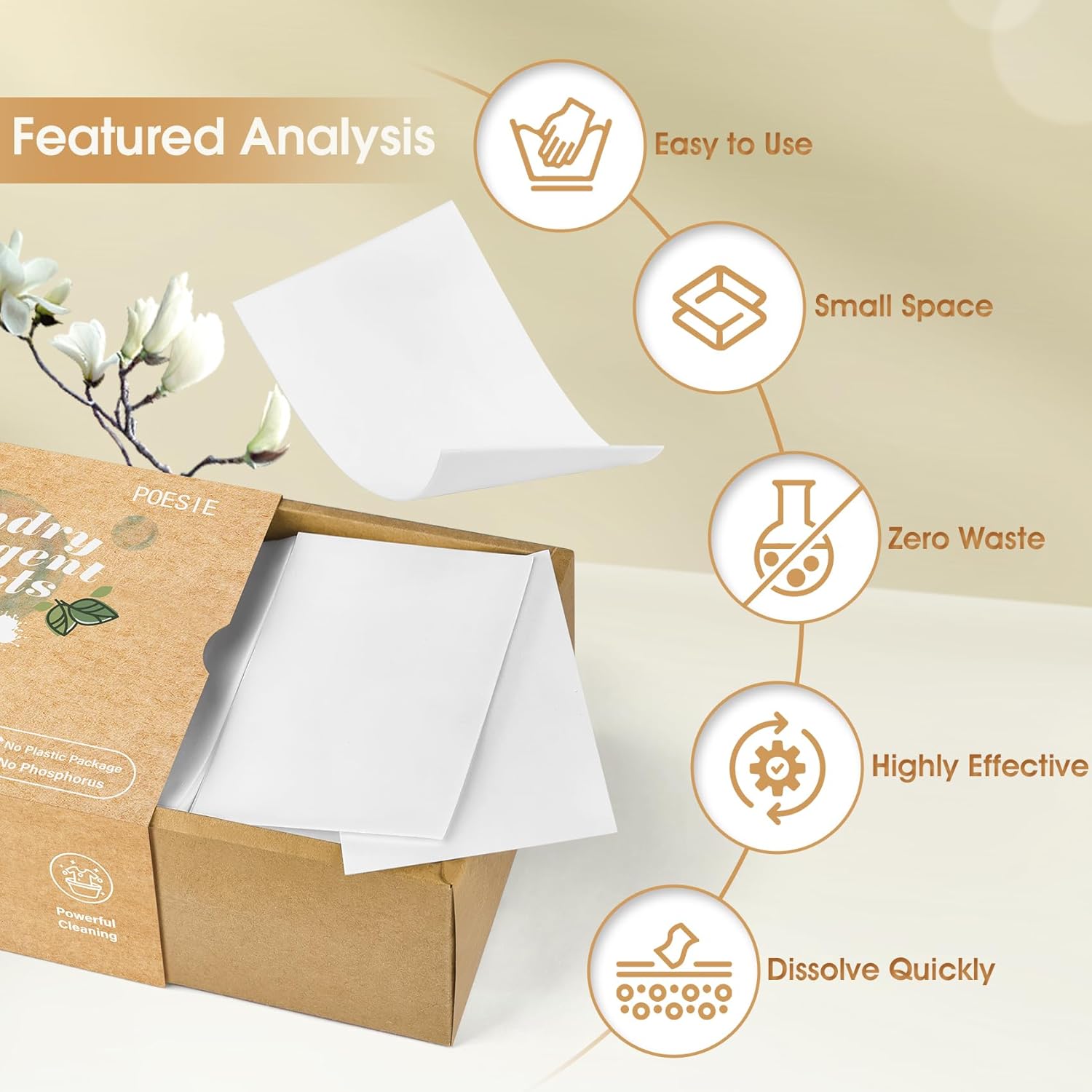 Poesie Laundry Detergent Sheets Magnolia Scent 160 Sheets 80 Large Loads Liquidless Effective Cleaning Zero Waste for All Washing Machine Traveling Dorm Life Save Space