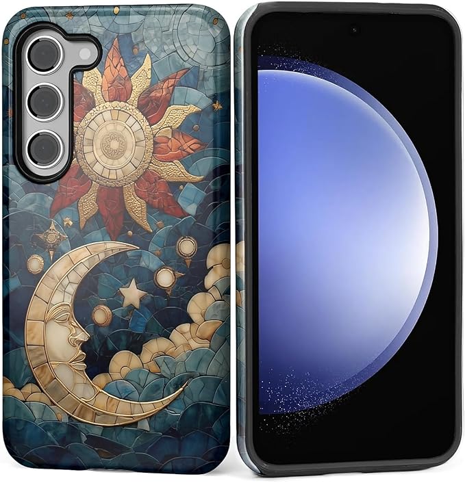 Case for Samsung Galaxy S23 Plus Case, Sun Moon Stars Faux Stained Glass Design by Kapadiy