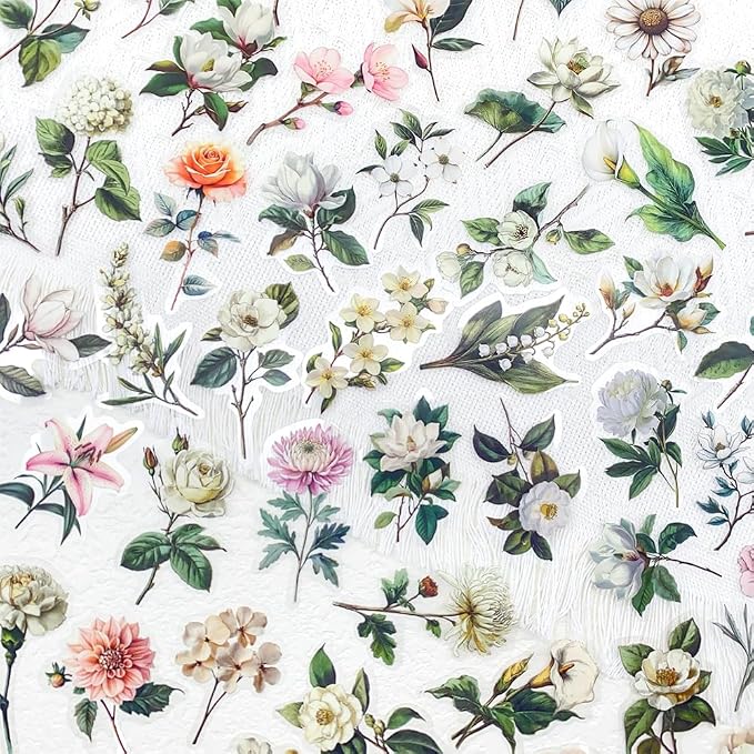50pcs White Flower Scrapbook Stickers – Vintage Botanical Clear Floral - Image 2