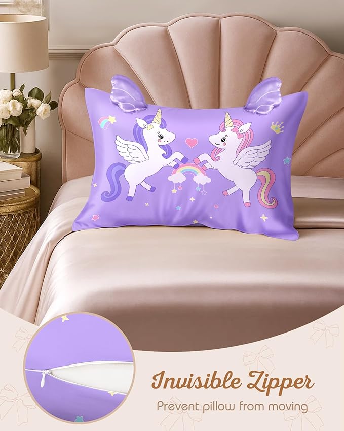 Kids Pillowcases Standard Size 20"x26" - Cute Cartoon Soft Breathable Silk Pillow Cases for Hair and Skin with Hidden Zipper for Girls Fun Kawaii Design for Bedding, Two Unicorns