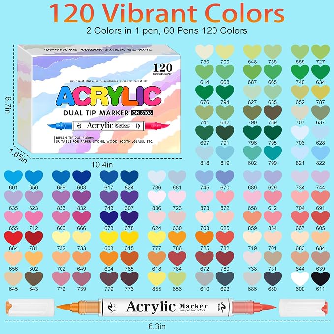 120 colors Acrylic Paint Markers, 60 Pack Automatic Ink ControlSoft Brush - Image 3