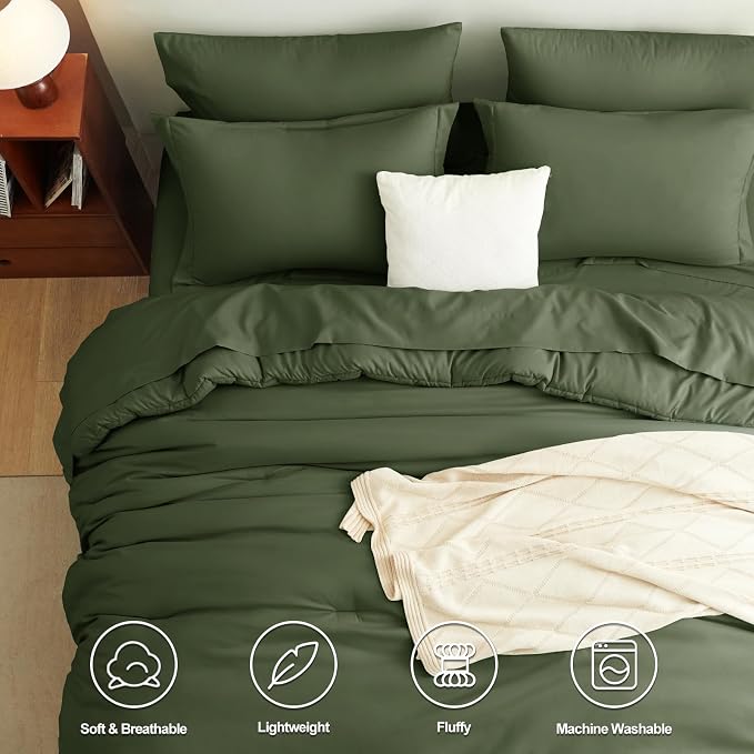 CozyLux Oversized Queen Comforter Set Olive Green, 7 Pieces Bed in a Bag - Image 2