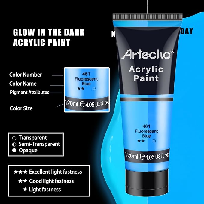 Artecho Orange Glow in the Dark Acrylic Paint Set, 120ml / 4.05oz | Non-Toxic - Image 4