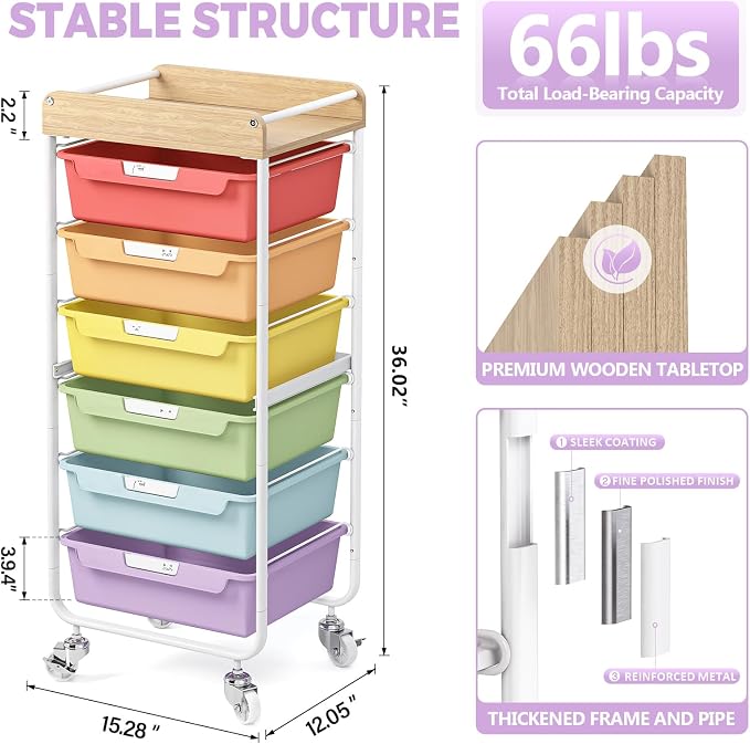 SYKIARIOL Rolling Cart with 6 Drawers, Utility Storage Cart with Labeling Jelly - Image 3