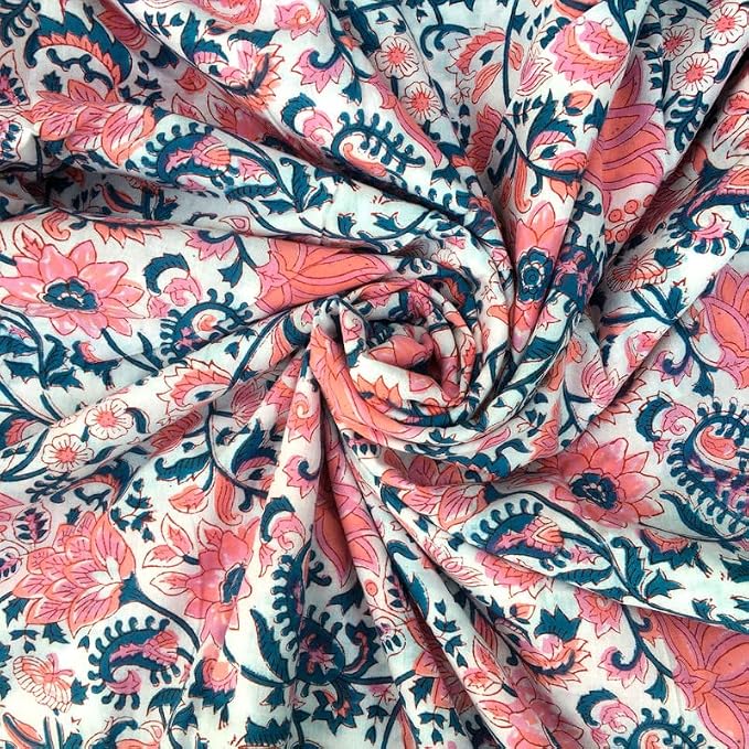 E-Tailor® Indian Ethnic 100% Cotton Voile Running Hand Block Print Natural by E-Tailor