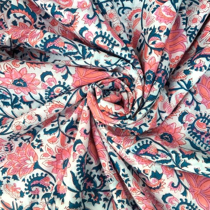 E-Tailor® Indian Ethnic 100% Cotton Voile Running Hand Block Print Natural by E-Tailor