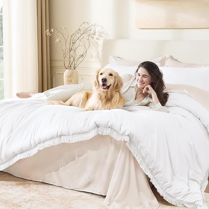 Andency White Comforter Set King Size, 3 Pieces Boho Lightweight Bedding - Image 3